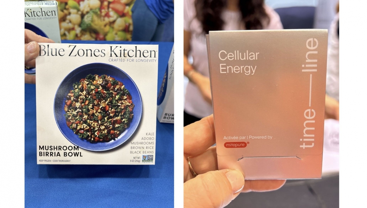 A la izda., plato preparado Blue Zones Kitchen; a la dcha., producto Timeline para la longevidad celular.