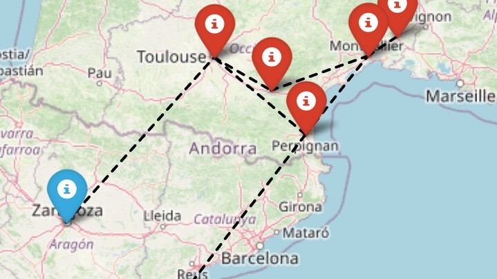 Mapa geográfico de Occitanie y posibles rutas logísticas