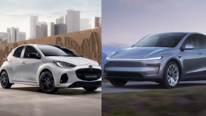 A la izquierda, el Mazda 2; a la derecha, el Tesla Model Y.  - 