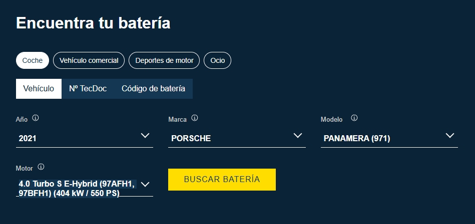 Búsqueda del vehículo en el VARTA Partner Portal.