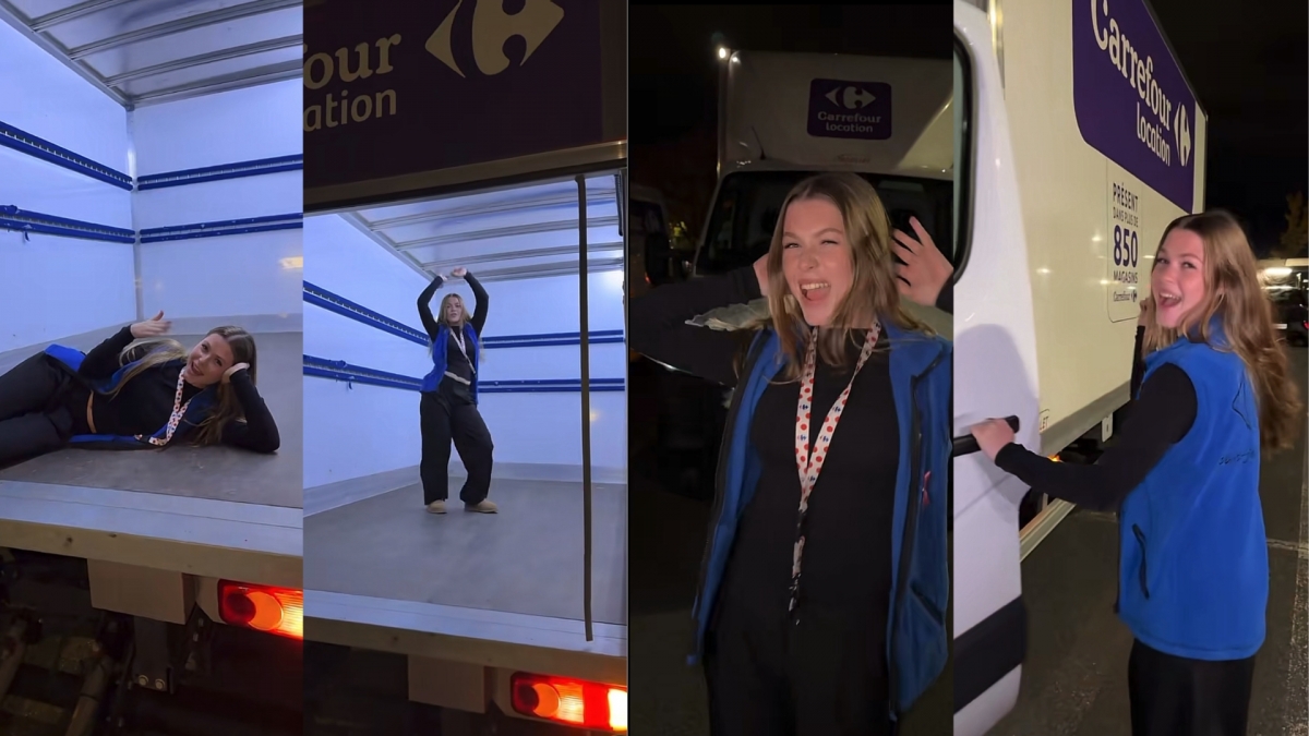 Léonie haciendo un TikTok con un camión de Carrefour.