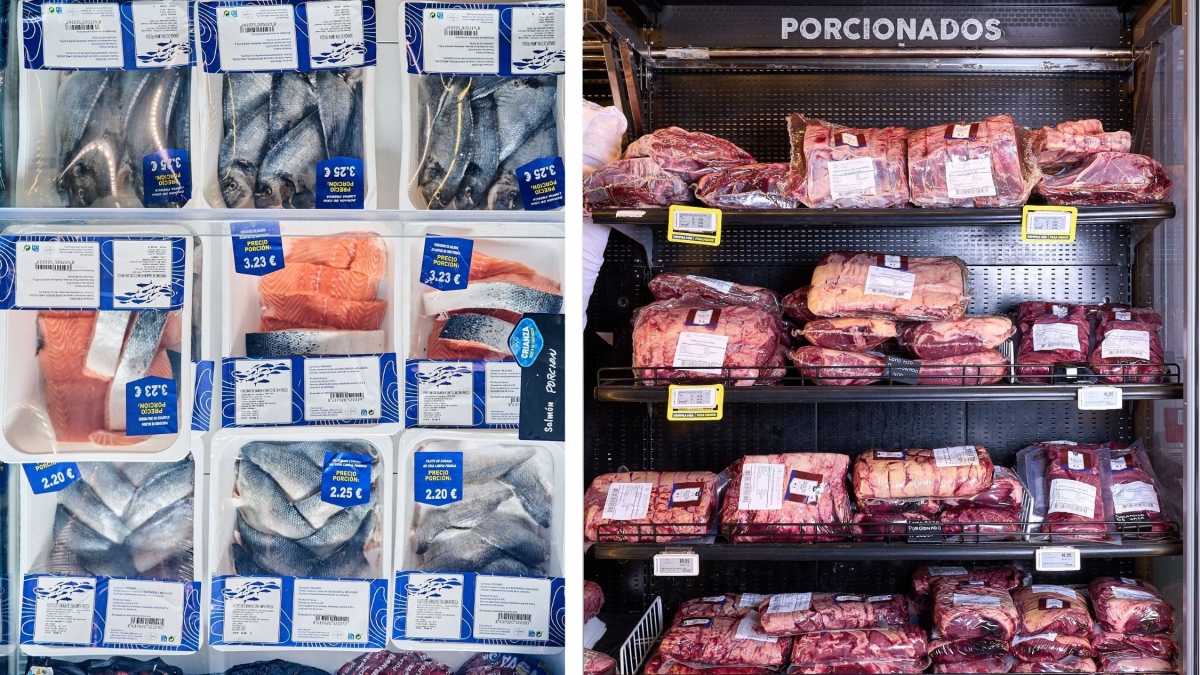 Lineales de Makro con pescado limpio y precortado, y porcionados de carnes. 