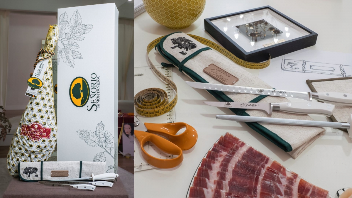 Jamón de bellota 100 % ibérico D.O.P. Dehesa de Extremadura y una funda de cuchillos de edición limitad a diseñada por Montenegro, junto a un set exclusivo de cuchillos Arcos.
