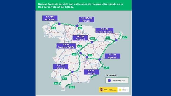Ubicación de las ocho nuevas áreas de servicio previstas.