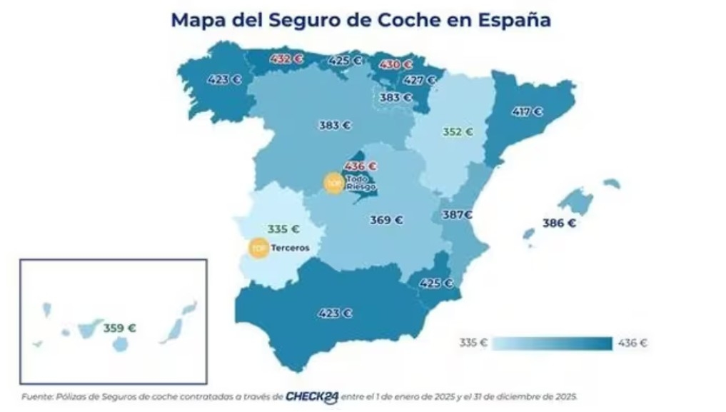 Mapa de distribución del seguro de coche en España.
