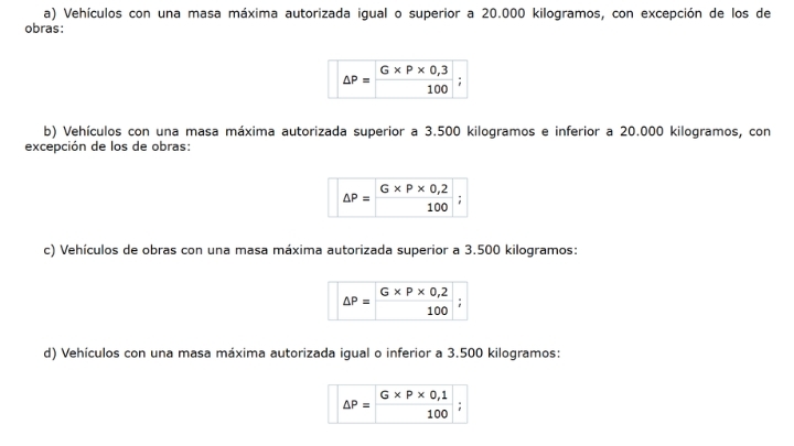 ?P es la cantidad a incrementar, G es el índice de variación del precio del carburante y P es el índice del transporte establecido en el contrato original. 