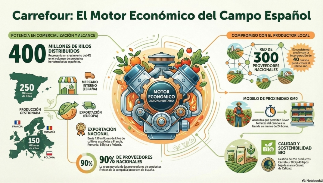 Infografía que muestra los principales datos de Carrefour en materia hortofrutícola.