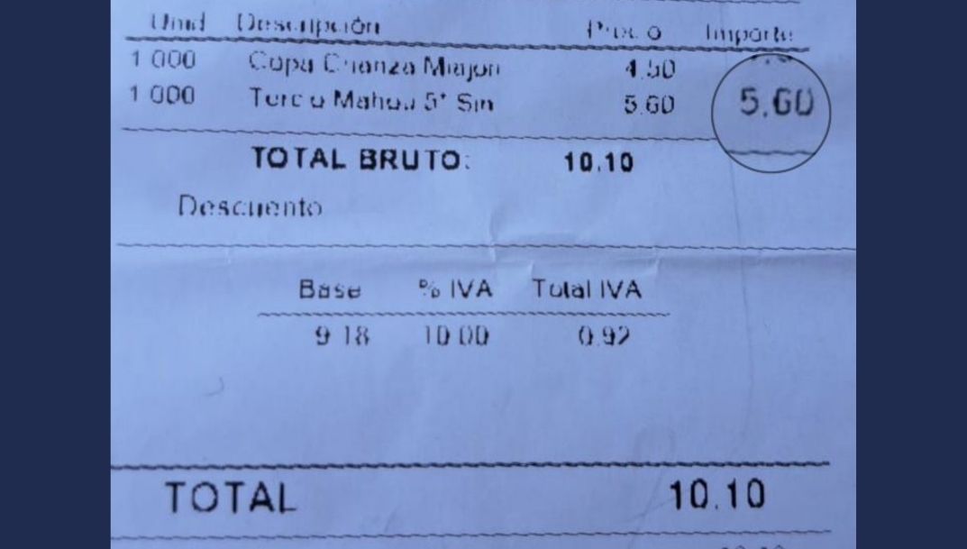 Factura con el precio de una cerveza sin gluten en un local de Madrid.