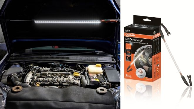 Osram LEDinspect Flexible Inspection Light: Nuestra luz de inspección más versátil, con una tira de luz totalmente flexible, cuenta con correas elásticas extraíbles que permiten instalarla en áreas de hasta 2,1 m de ancho.