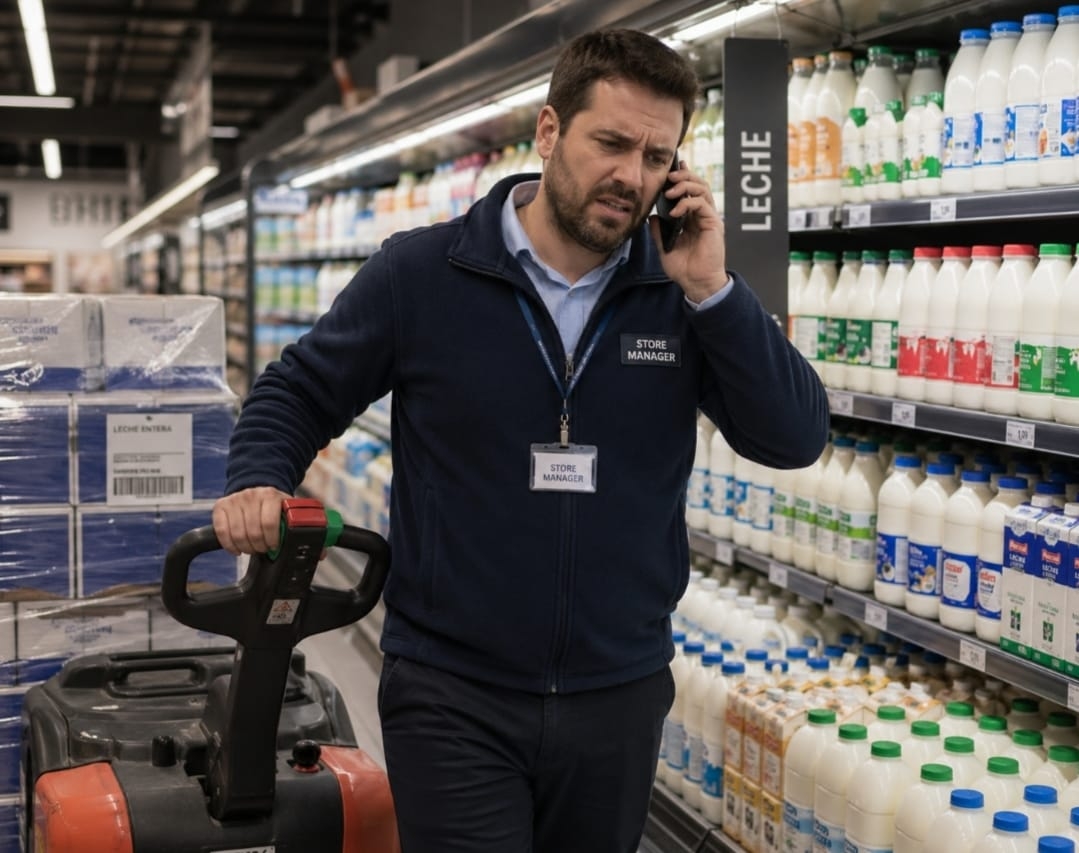 Gerente de supermercado asumiendo tareas por absentismo laboral.