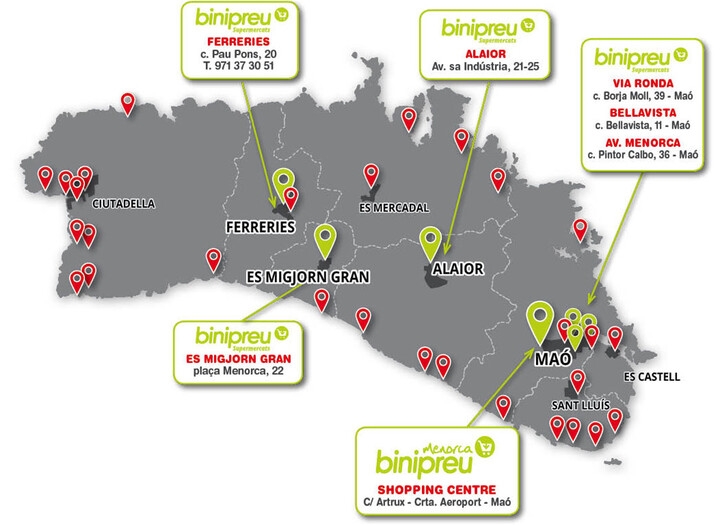 Ubicación de los centros Binipreu en Menorca que pasan a integrarse en el Grupo Condis