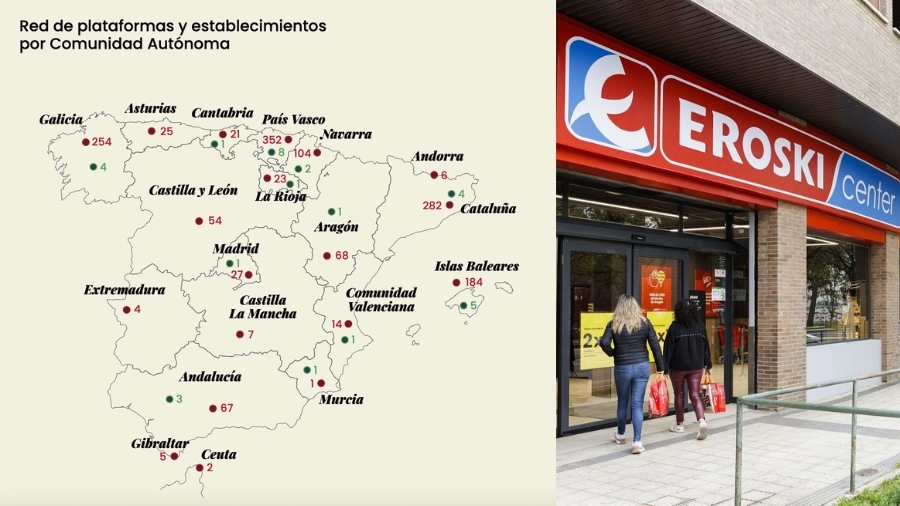 Mapa de tiendas y centros logísticos de Eroski.