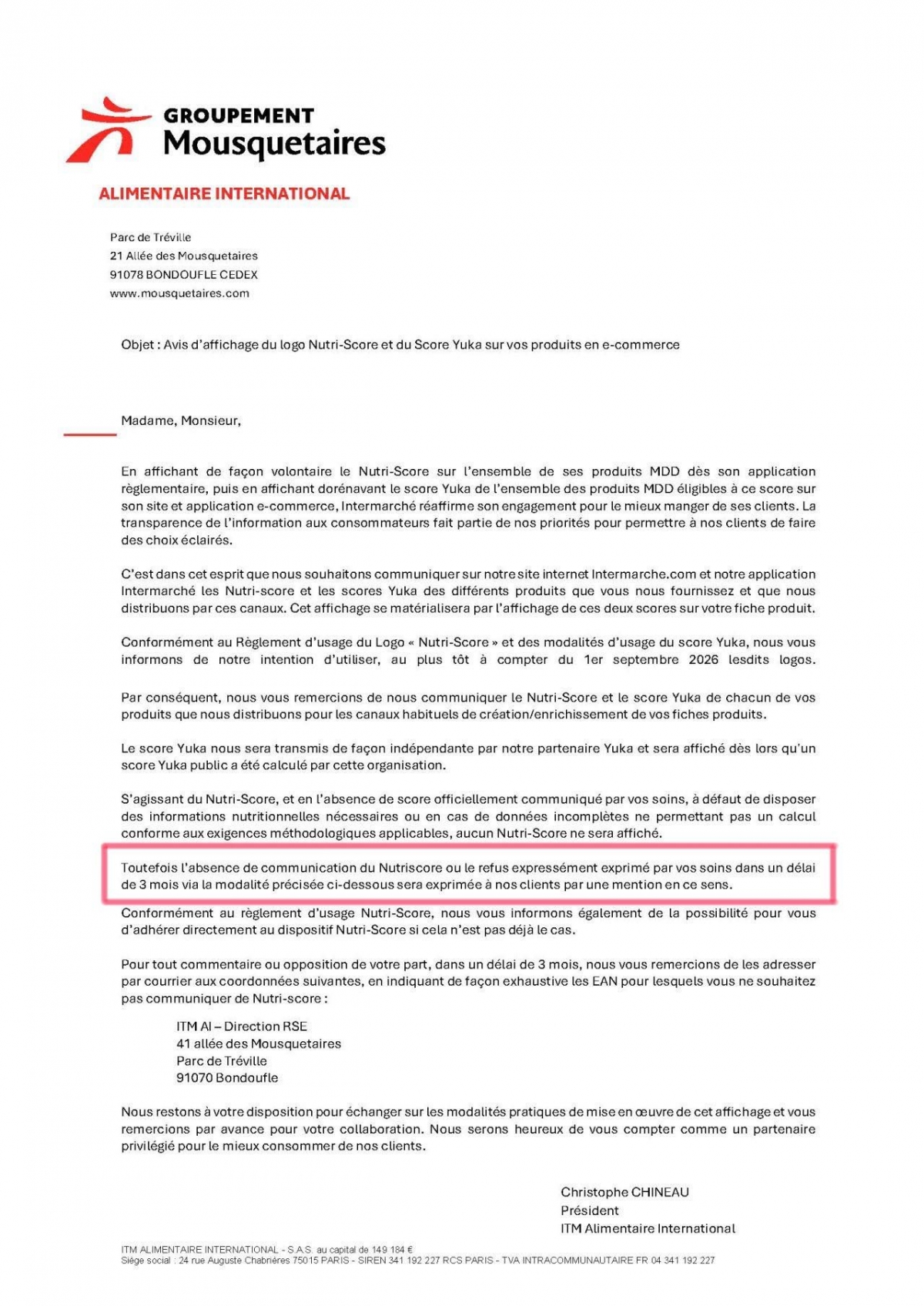 La carta de Christophe Chineau a los proveedores. 