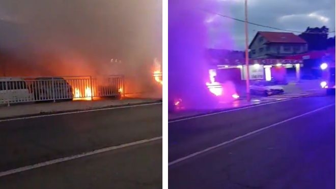 Cuatro vehículos calcinados, tras un incendio que se sospecha provocado, de un taller de Rianxo (A Coruña) 
