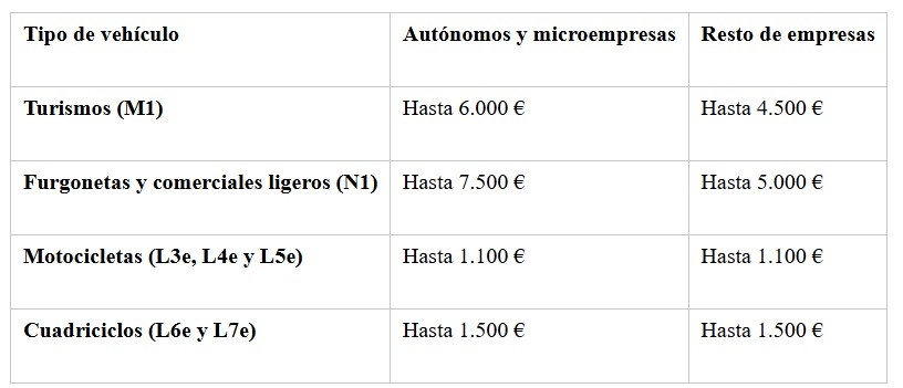 Las cuantías máximas de la ayuda varían según el tipo de solicitante y la categoría del vehículo.