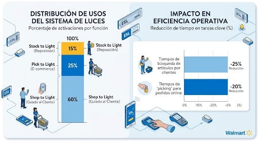 Infografía: Usos principales y ganancia de eficiencia del sistema de etiquetas luminosas en Walmart.
